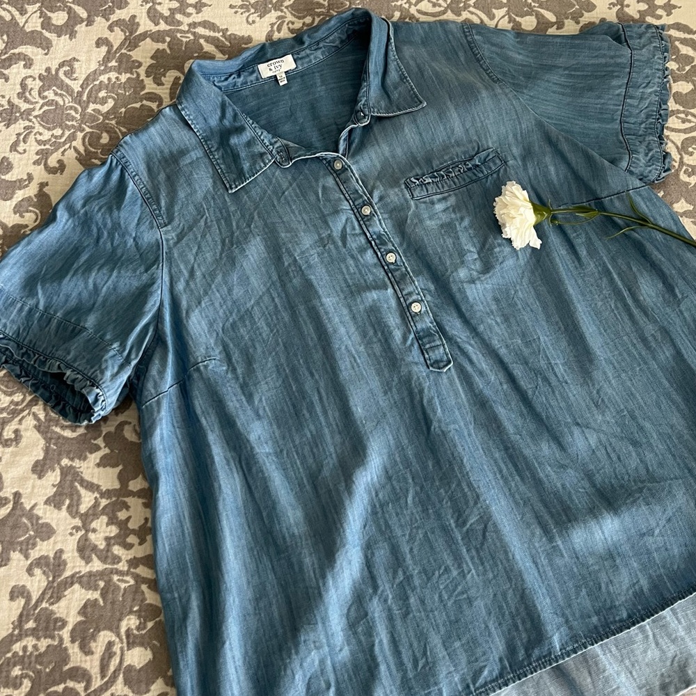 Crown and Ivy blue blouse ruffle pocket collar 3X